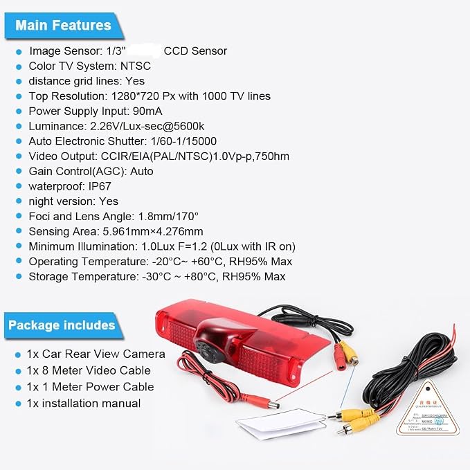 HD 1280 * 720 Pixel High Roof Mount 3rd Brake Light Rear View Reverse Camera Parking aid+4.3" inch LCD Monitor Replacement for Chevrolet Express GMC Savana Vans Exporer Vans Cargo