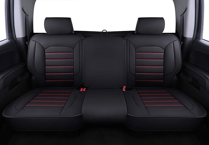 LUCKYMAN CLUB Bench Silverado Seat Covers Fit for 2007-2025Sierra Chevy Silverado 1500 2500 3500 Crew,Double,Extended Cab with Water Proof Faux Leather (Black & Red Rear Covers)
