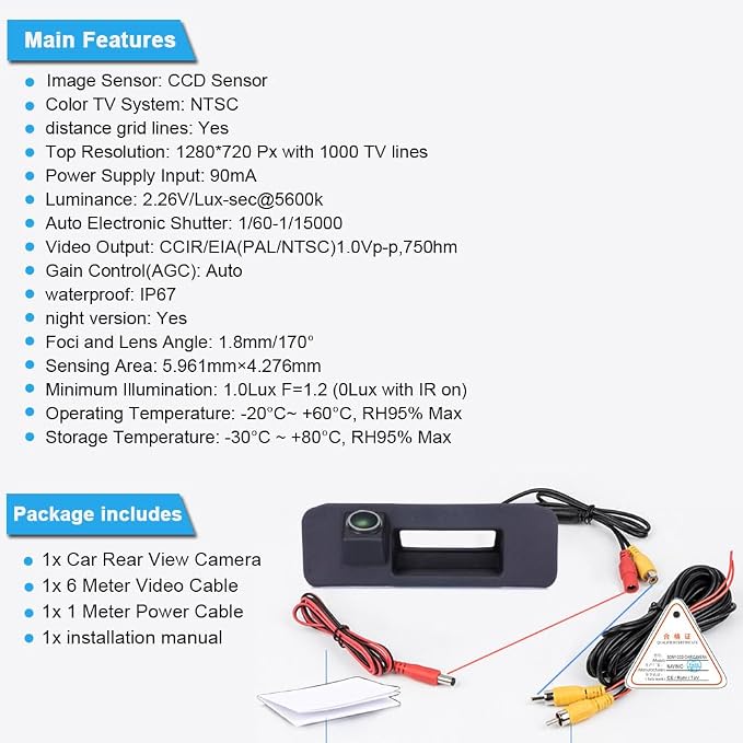 1280 * 720pixel Rear View Camera IP68 Waterproof Car Trunk Handle Backup Camera Compatible with Mercedes Benz GL K220 GL K250 GLK300 GL K350 X204 2012-2015 OEM:A1667500193 (LS8009=150 * 52mm)