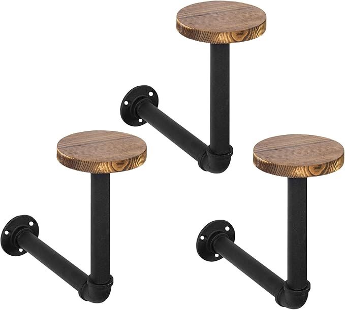 MyGift 3 Pcs Cowboy Hat Holder on Wall, Hat Rack Hooks, Wig Display Helmet Collection Organizer, Baseball Cap Hanger Entryway Bedroom, Realistic Black Metal Pipe Brown Wood