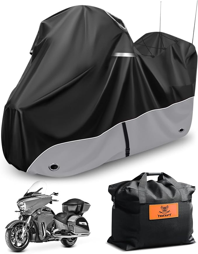 Motorcycle Cover, 110 Inch with Side+Top Box Touring Models Specific Vehicle Cover Storage Suitable for Harley-Davidson Ultra Limited, Road Glide Limited, Gold Wing, Road Master Grey