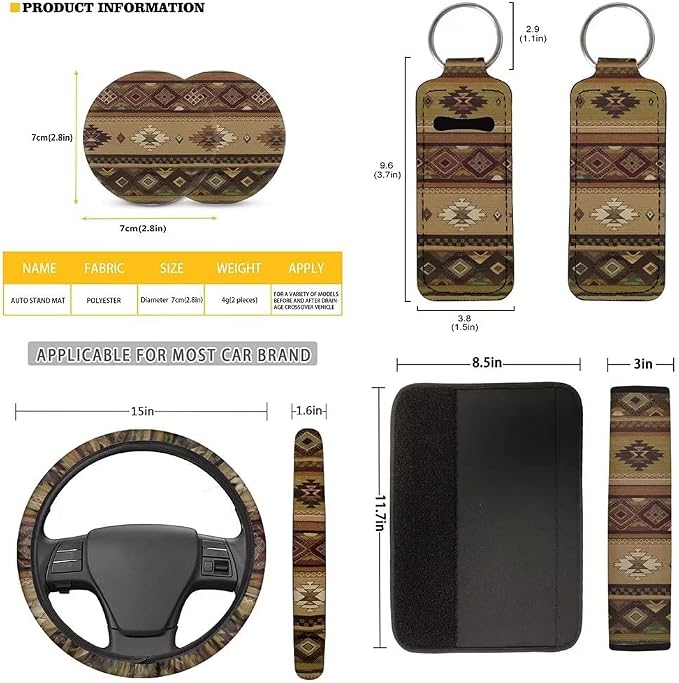 12 Pc Brown Aztec Tribal Car Seat Covers Full Set Ethnic Style Southwestern Boho Car Seat Covers/Steering Wheel Covers/Seat Belt Pads/Key Chain/Coaster/Lipstick Holder Universal Fit
