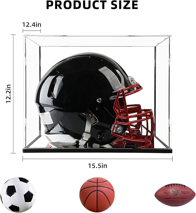 Acrylic Football Helmet Display Case Full Size with Mirror Back and Base, UV Protection Dustproof Clear Cube Box for Sports Memorabilia Storage, Assembly Required (14.9" L x 11.8" W x 11.8" H inches)