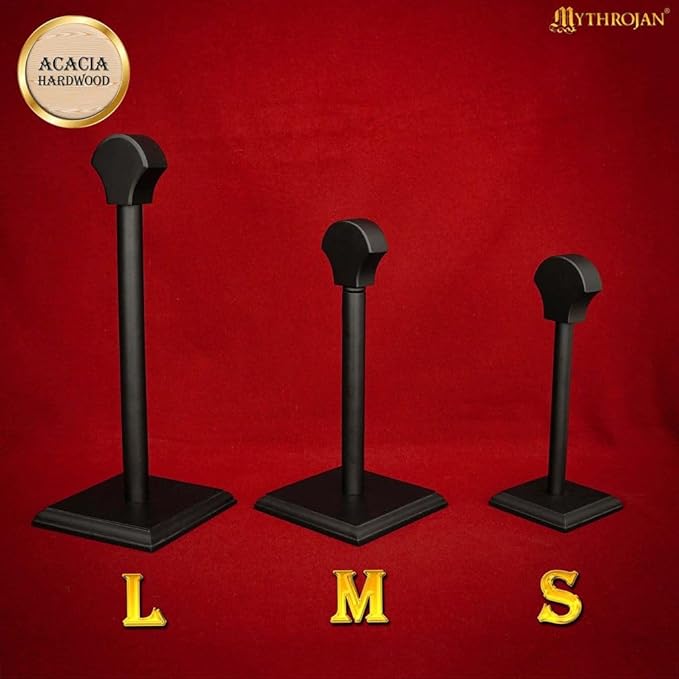 Medieval Wooden Helmet Display Stand (Set of 2) 16 Inch Black Acacia Wood Holders for Medieval, Viking, Spartan & Motorcycle Helmets | Solid Hardwood Rack for Hats, Wigs & Collectibles | Antique Finish
