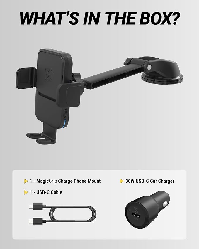 Scosche Wireless Car Charger Mount, Auto-Clamping Car Phone Holder Charger for Dashboard/Windshield with Adjustable Arm, 360° Rotation, Compatible with iPhone, Samsung, and More Android Phones