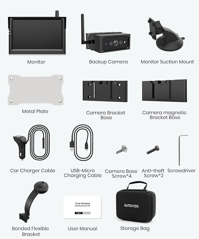 AUTO-VOX S4B Wireless Backup Camera Bundle: Includes X8 Monitor Mount, Split-Screen Display, Quick Install, IP69K Waterproof, Perfect for Truck, Trailer, RV