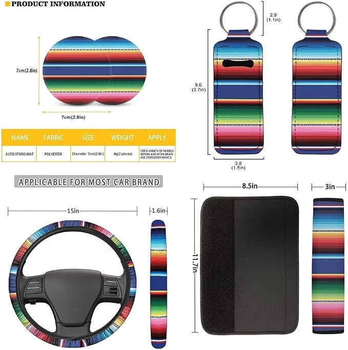 Mexican Blanket Serape Stripe Pattern Colorful 12 Pcs Set Car Accessories Universal Fit Full Seat Cover+Steering Wheel Covers+Keychain+Lipstick Holder+Coaster Auto Interior Protector