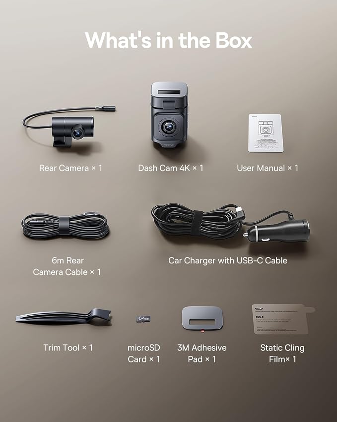 Baseus VD1 Pro Solar Dash Cam Front and Rear, 4K+1080P Dash Camera for Cars, Battery Powered Parking Mode, Starvis Night Vision, 32 GB Card Included, 5GHz WiFi, GPS, Wide Angle,Voice Control