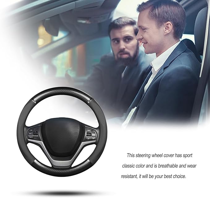 Ergocar Sport Carbon Fiber & PU Leather Car Steering Wheel Cover Non-Slip Car Steering Wheel Protector Universal for Diameter 38cm(15") (Black)