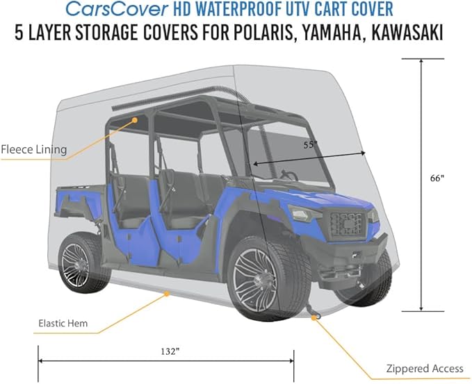 CarsCover HD Waterproof UTV Cart Cover 5 Layer Storage Covers for Polaris, Yamaha, Kawasaki (Fit up to 132 inch Long)