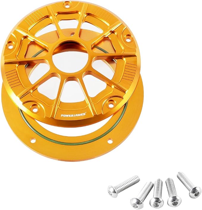 POWER JAMES Gold 7.7" Visible Hollow-Out Primary Derby Clutch Cover with Tranparent Acrylic PC Glass Compatible with 2016-2024 Touring and Trike Models FLHXSE, FLHR, FLTRSE (Gold)