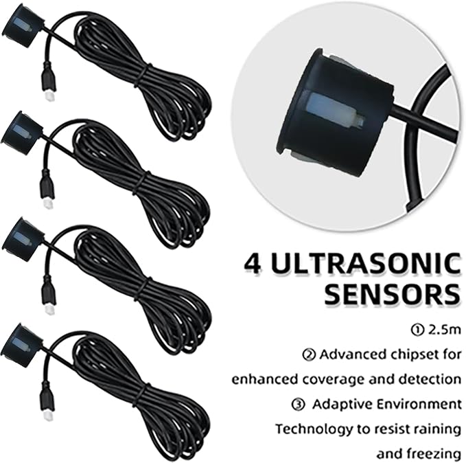 LCD Parking Sensor Kit - Displays Data on Original Screen, Easy Rear Installation, Compatible with All Camera Formats (AHD, CVBS), 18 Probe Colors to Match Any Vehicle MatteBlack