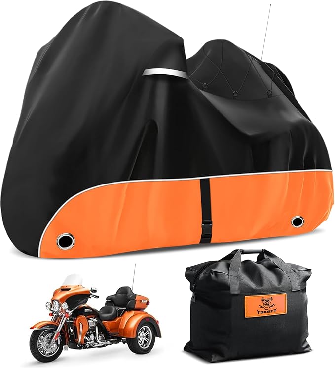 Trike Cover, 420D Outdoor Waterproof Three Wheeler Cover with Ventilation Holes and Reflective Strips, Suitable for Trike Models Freewheeler, CVO Version, Tri Glide, Chieftain, Goldwing Orange