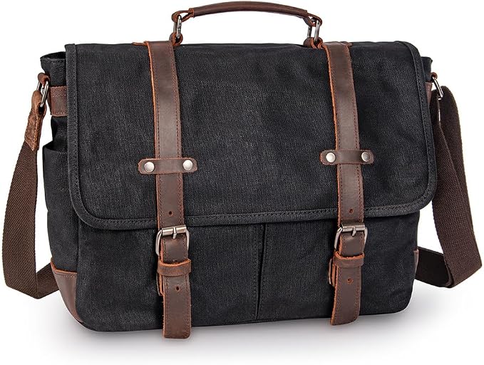 Vintage Genuine Leather Waxed Canvas Briefcase Large Satchel Shoulder Bag Rugged Computer 15.6" Laptop Bag