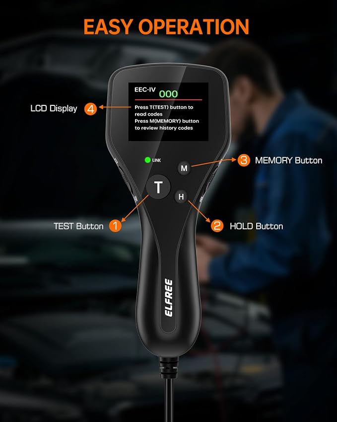 ELFREE OBD1 Scanner Compatible with Ford Lincoln Mercury 1981-1995, LCD Display Code Reader with Definitions, Plug and Play OBD1 Scann Tool, Reinforced Pins, 9FT Cable