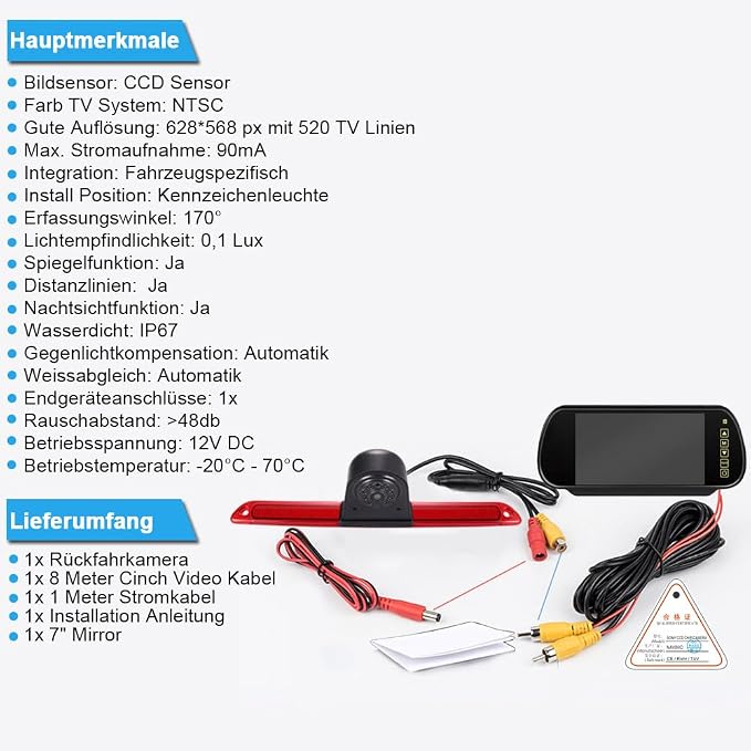 Car Third Roof Top Mount Brake Light 3 Rear View Camera Parking Safety Assistant System, HD Night Vision Waterproof for VW Crafter Caravelle/Mercedes Benz Sprinter W906 (with 7-inch Rearview Mirror)