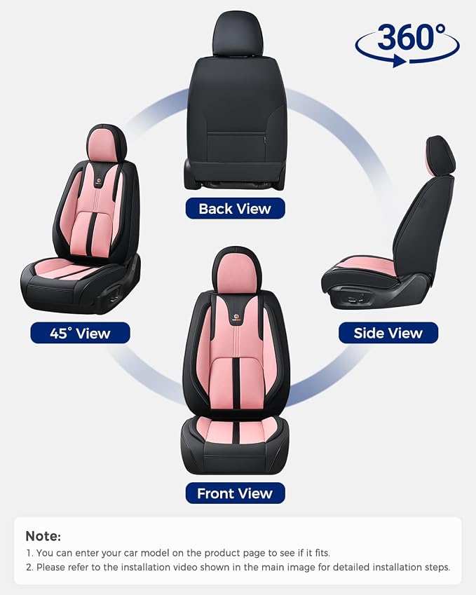Huidasource Car Seat Covers Front Seats Luxury Nappa Leather, Front Seat Covers with Airbag, Front Storage Pocket, Lumbar Support, Cooling&Heating, Universal Fit for Most Cars SUV Trucks, Black&Pink