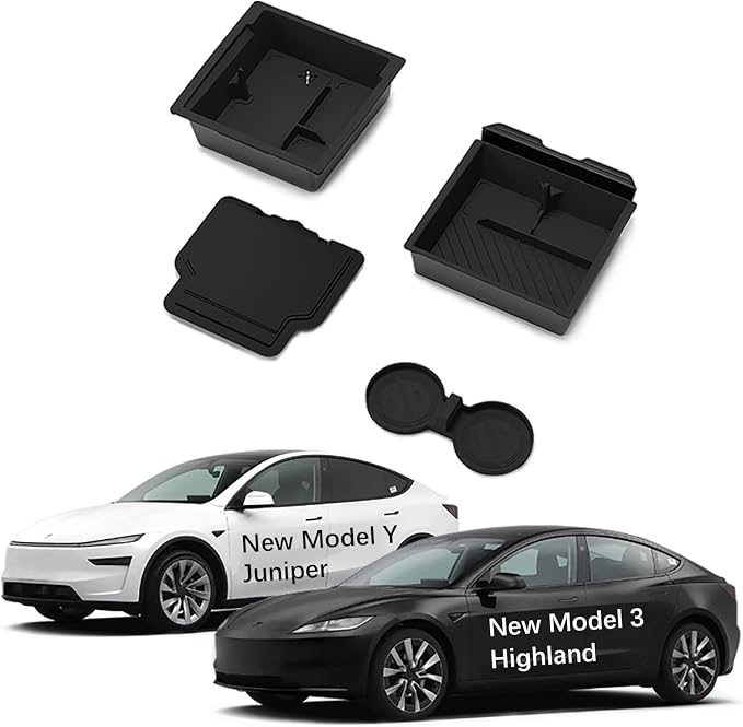 Center Console Organizer Tray for Model Y Juniper 2025 2026 & Model 3 Highland (2024-2026), Double-Layer Sliding Hidden Armrest Storage Box, Tesla Accessories (Matte Black)