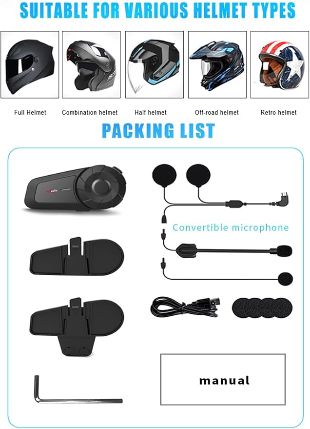 MAXTO Motorcycle Bluetooth Headset, MX1 2-Riders 800M Universal Intercom Communication Systems, HiFi Stereo Sound/IPX6 Waterproof, Motorcycle Helmet Speaker-Intercom-Headset,1 Pack
