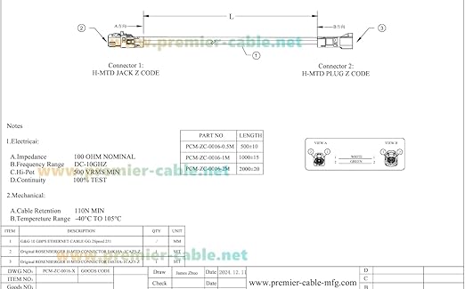 Rosenberger E6S10A-1CAZ5-Z to E6K10A-1CAZ5-Z H-MTD Automotive Ethernet Cable Harness 10Gbps 100/1000BASE-T1 H-MTD Z Code Male to Female Extension Cable for ADAS, ECU, In-Vehicle Networks (3M/9.84FT)