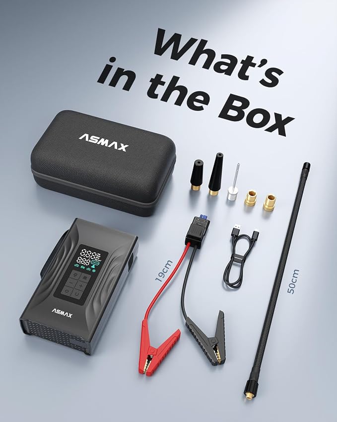 ASMAX T20 7-in-1 Portable Jump Starter with Air Compressor, 3000A Car Battery Booster with Smart Battery Clamps, 12V Jump Box for 9.0L Gas/6.5L Diesel Engines, 150PSI Auto-Shutoff Tire Inflator