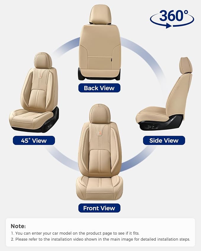 Huidasource Beige Front Seat Cover Luxury Nappa Leather, Front Car Seat Cover with Airbag, Front Storage Pocket, Lumbar Support, Cooling&Heating, Universal Fit for Most Cars SUV Trucks, Beige