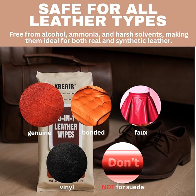 3in1 Leather Wipes 225 XL Count, Clean, Condition & Restore Shine, Extra-Large 8"x10" Wipes for Car Seats, Shoes, Furniture & Bags, Thick, Durable & Non-Linting, Safe for All Leather Types