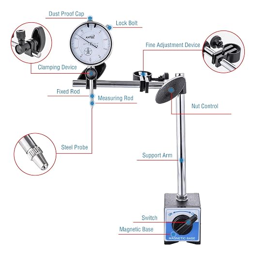 KATSU Tools Dial Indicator with Magnetic Base and 22 Pieces Indicator Points Set, 0-1.0" Tester Gauge, 0.001" Precision, Fine Adjustment, Measuring Toolkit in Storage Case 401111