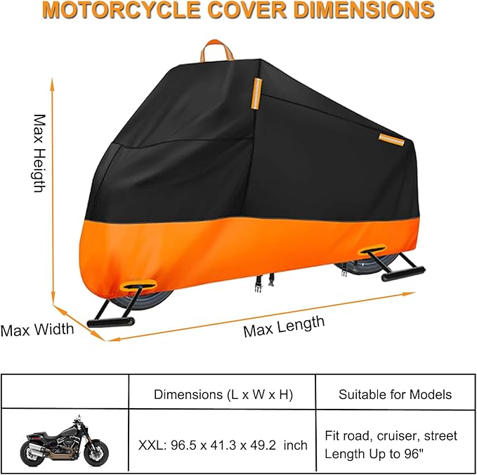Motorcycle Cover Waterproof Outdoor, 300D Heavy Duty Motorcycle Cover for Harley Davidson Sportster 1200 883 Fat Boy 114 Street Bob, All Seasons Protection Scooter Cover Fits up to 96"