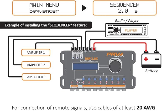 PRV AUDIO Car Audio DSP 2.8X Digital Crossover and Equalizer 8 Channel Full Digital Signal Audio Processor DSP with Sequencer Remote Relay