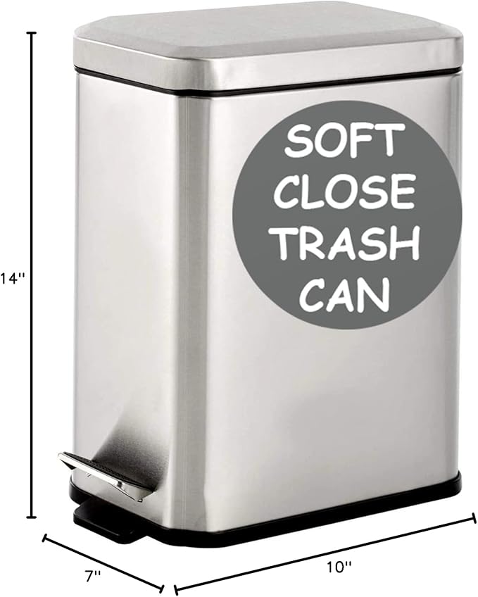 Homie Soft Close, Slim Trash Can 3.2 Gallon with Anti - Bag Slip Liner and Lid, Use as Mini Garbage Basket, Slim Dust Bin, or Decor in Bathroom, Restroom, Kitchen, or Bedroom (Stainless Steel)