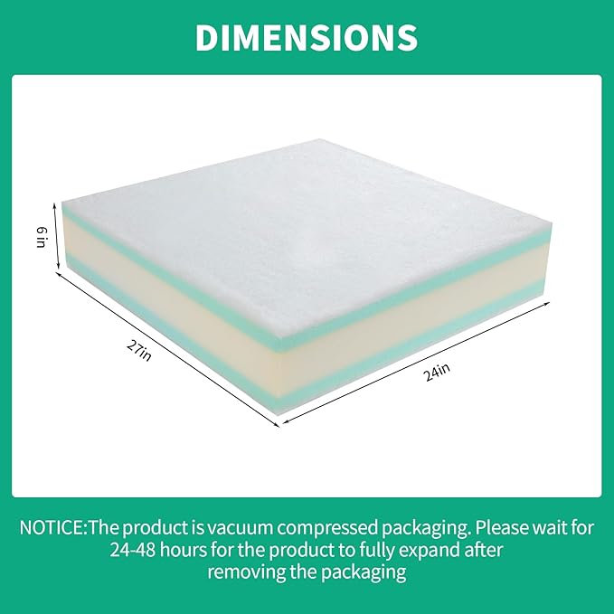 HOMBYS Memory Foam Couch Cushion Replacement, High Density Upholstery Foam Wrapped with Memory Foam & Polyester Batting, Sofa Cushions Inserts with Dacron Fiber Layer,with Removable Cover,6"x24"x27"