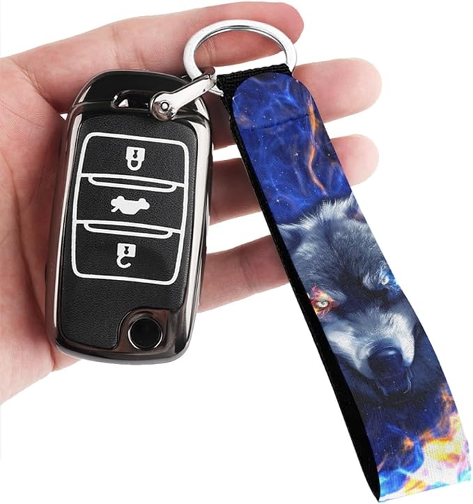 Howilath Galaxy Fire Wolf Print Car Front Seat Covers, 10pcs Car Front Seat Covers/Steering Wheel Cover/Seatbelt Pads/Keychain/Armrest Cushion/Coasters Vehicle Seat Protector Accessories