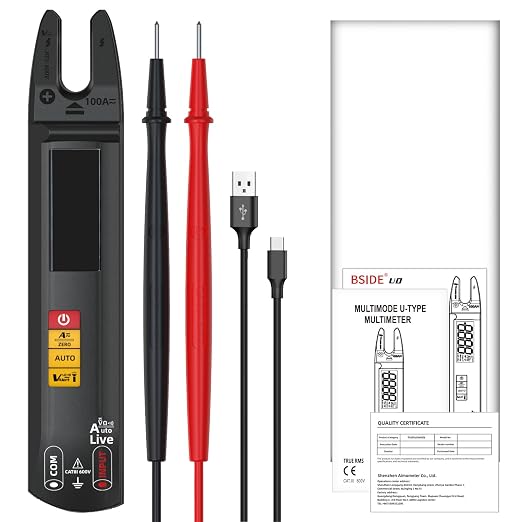 BSIDE Smart Digital Multimeter Tester Open Jaw DC AC Amp Clamp Meter, Rechargeable with Flashlight, Measures Current Resistance Continuity V-Alert Live Check Voltage