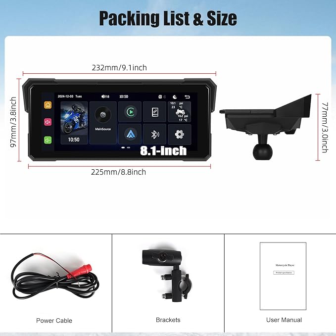 Motorcycle GPS Navigation System with Wireless Carplay Android Auto 8.1" Moto CarPlay Screen with Dual Bluetooth, Navigation/Siri/G00gle Assistant Waterproof