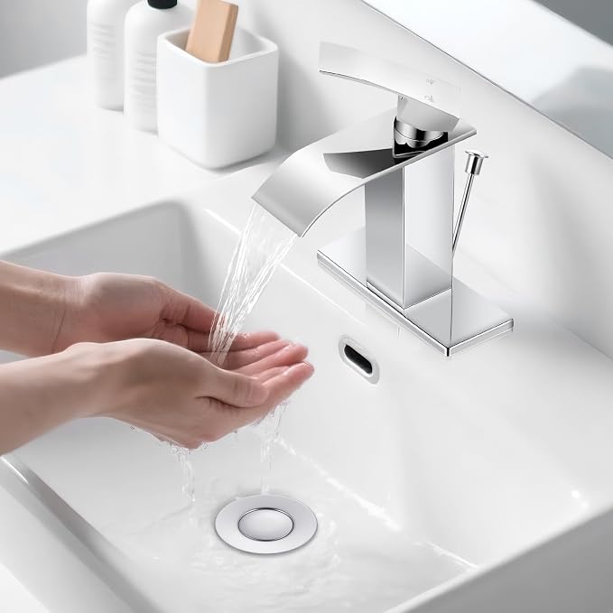 Chrome Bathroom Faucet with Lift Rod Drain, Waterfall Bathroom Sink Faucet Modern Single Handle Bathroom Faucte 1 or 3 Hole, RV Mixer Tap Vanity Faucet Washbasin Faucet with Deck
