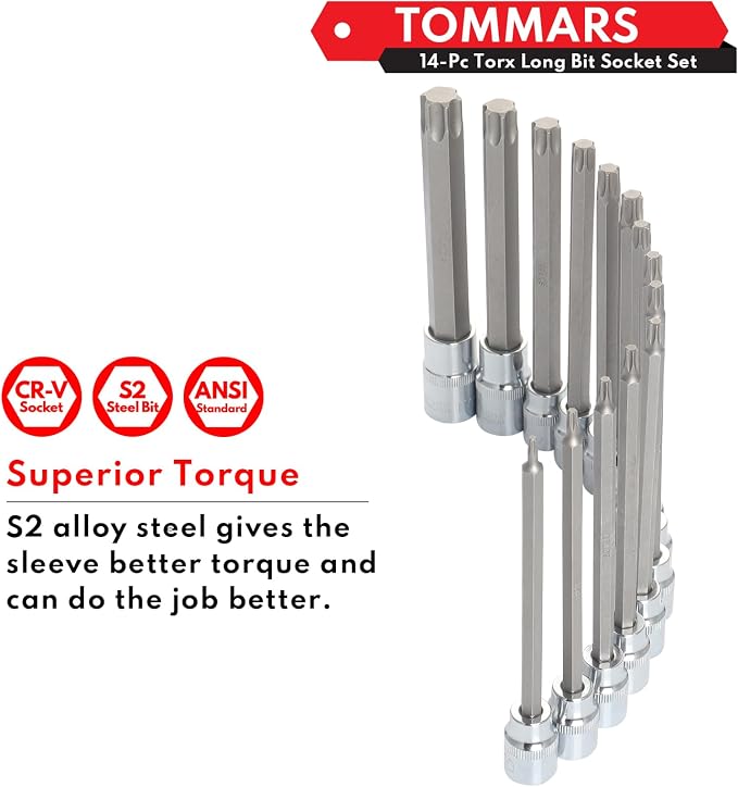 TOMMARS 14-PC Long Torx Bit Socket Set T10-T70 & 60-Pc Master Torx Bit Socket and External Socket Set