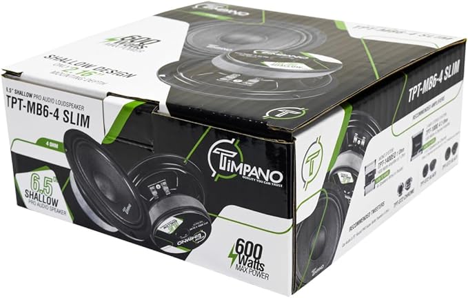 Timpano 6.5 Inch Shallow Car Speaker 600 Watts TPT-MB6-4 Slim Shallow Profile 4 Ohm, PRO Midbass Car Audio Loudspeaker Compact for Doors (Single)