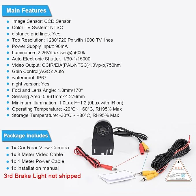 Car Top Mount Reverse Parking Camera, for Chevrolet Express 1500 2500 3500 Chevy 1996-2002, GMC Savana 1 500 2500 3500 Cargo Van 3rd Brake Light 1996-2002