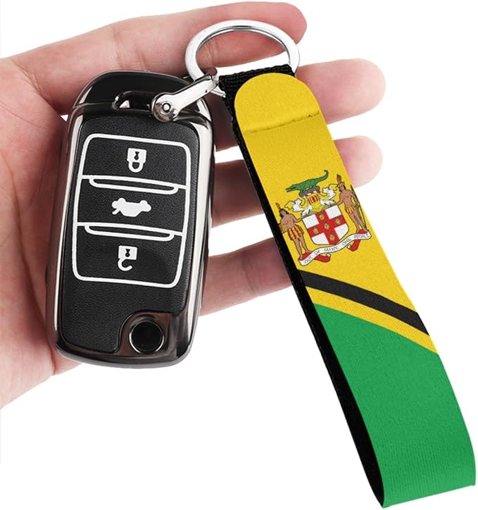 Howilath Jamaican Flag Pattern Universal Car Seat Covers/Steering Wheel Cover/Coasters/Seatbelt Pads/Keychain/Armrest Cushion, Auto Accessories 10pcs