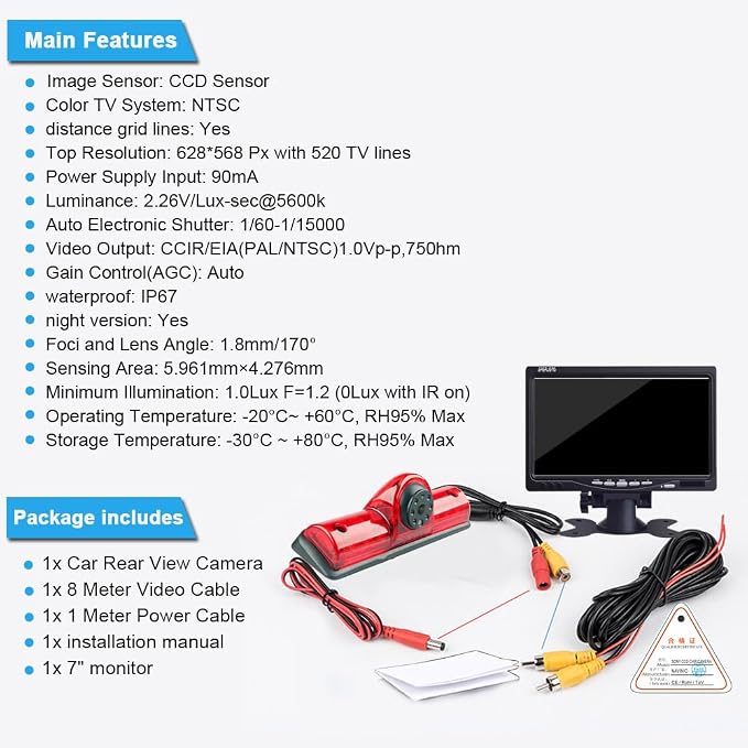 Car Third Roof Top Mount Brake Light 3 Rear View Camera Parking Safety Assistant System, HD Night Vision Waterproof for NV1500/2500/3500 S SV SL Cargo Vans Transporter 2011-2021(with 7-inch Monitor)