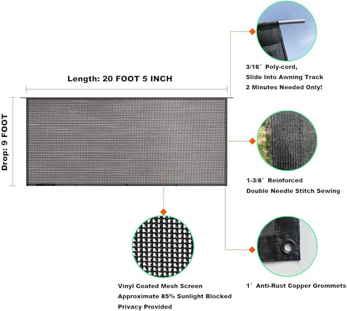 Shadeidea RV Awning Sun Shade Screen for Awning - 9' X 20' 5'' Black Mesh Sunshade Motorhome Camping Trailer UV Sunblocker Canopy Sunscreen - 3 Year Warranty