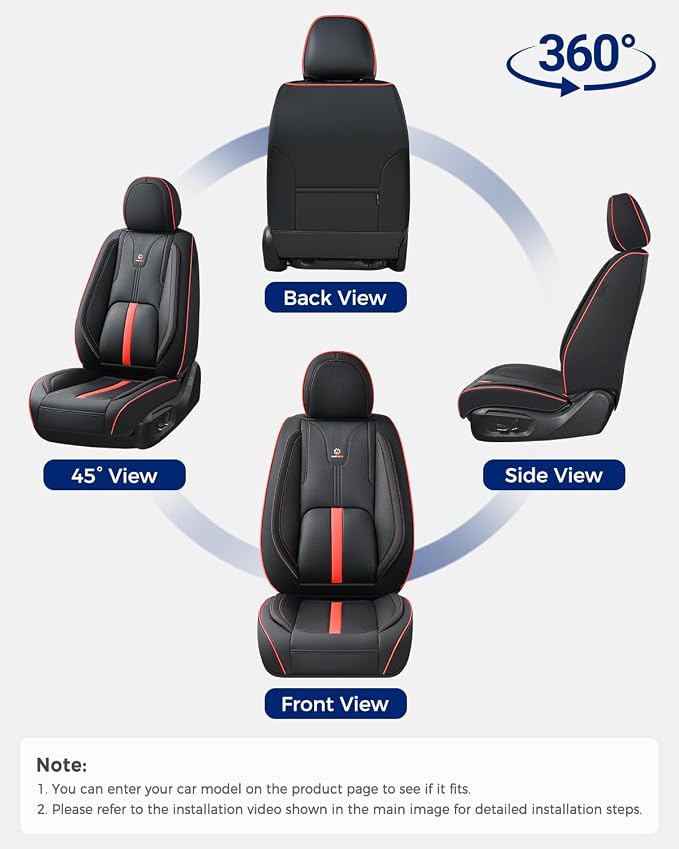 Huidasource Front Seat Covers Luxury Nappa Leather, Car Seat Cover Front Seats with Airbag, Front Storage Pocket, Lumbar Support, Cooling&Heating, Universal Fit for Most Cars SUV Trucks, Black&Red