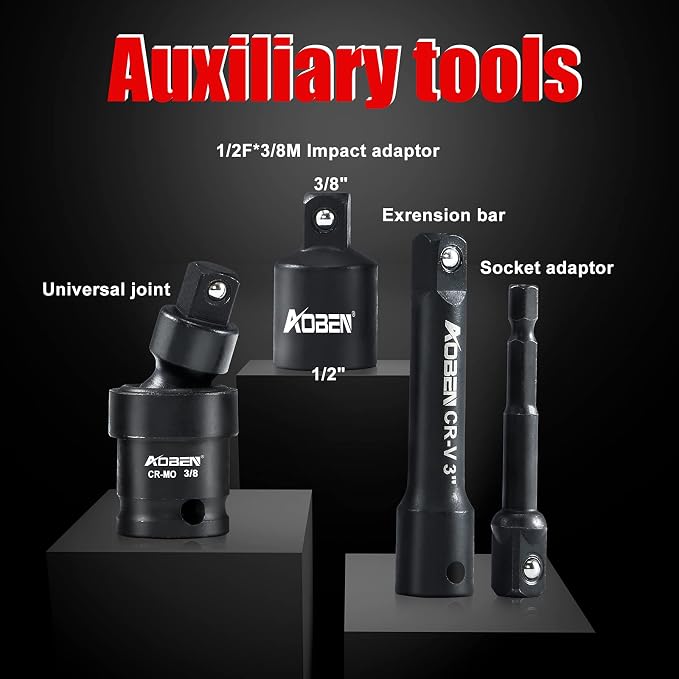 AOBEN 3/8-Inch Drive Impact Socket Set, 49 Pieces,6 Point (5/16" - 3/4", 8mm - 22mm), Deep/Shallow, Includes 3", 6" Extension bars, Universal Joint, 1/2" to 3/8" adaptor, 3/8" Inch Socket Adapter