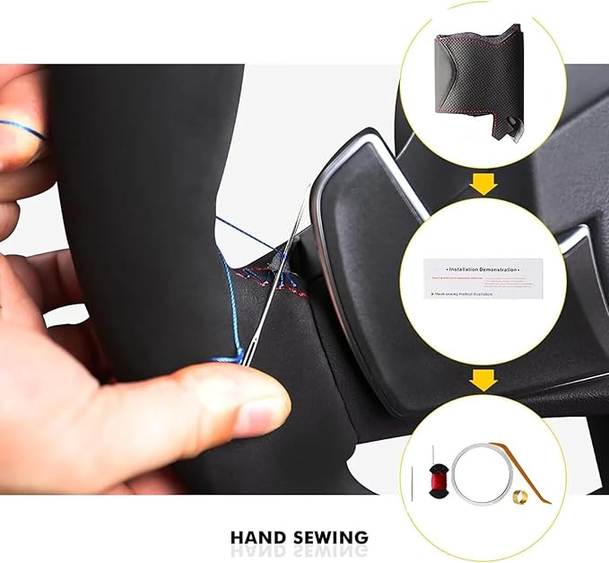 Loncky Carbon Fiber Black Genuine Leather Steering Wheel Cover for Honda Civic 9 Civic 2012 2013 2014 2015 Hand Stitched Custom Fit Car OEM Parts Interior Accessories