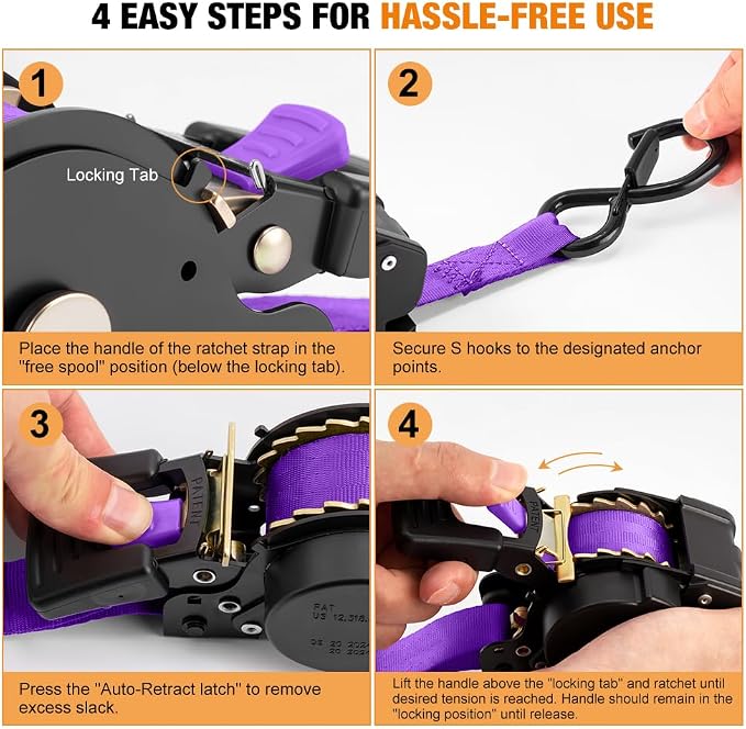 Retractable Ratchet Straps (4-Pack) - 1 Inch x 10 Feet (1,764lb Break Strength) - Heavy Duty Auto Self Retracting Tie Down Straps for Truck, Cargo Trailer, Motorcycle, ATV, UTV – Purple