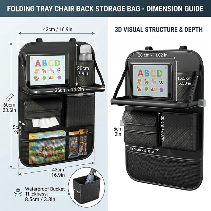 Premium PU Leather Car Seat Back Organizer with Foldable Tray & Transparent Touch Screen Tablet Pouch, Travel Accessories with Storage Bin, Cup Holder, Tissue Pocket, Hook, Fit SUV Sedan Truck (Brown)