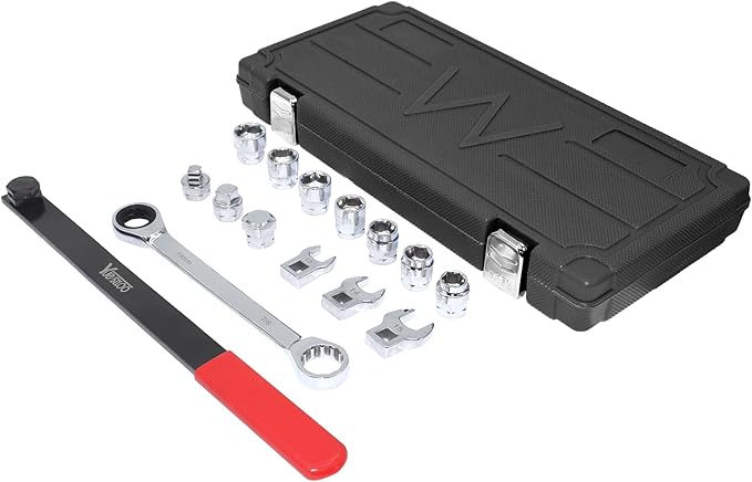 15pcs Universal Ratcheting Serpentine Belt Tool Set, Serpentine Belt Removal Installation Tensioner Kit with Ratcheting Wrench, Crowfoot Wrenches, Socket Adapters, 6-Point Sockets