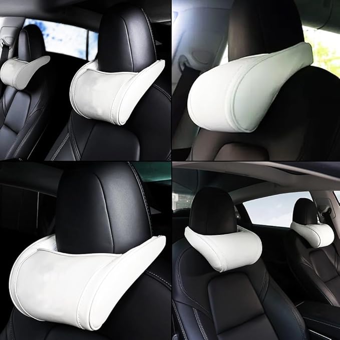 Car Headrest Neck Pillow Support Ergonomic, with Valve Stem Covers Accessory for Driving Seat Fatigue Relief Compatible with Model S X 3 Y & Cybertruck - 1 Piece
