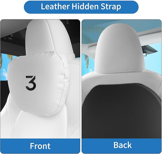 Nappa Leather Car Neck Pillow for Tesla Model Y Model 3 Juniper/Highland Headrest Pillow Memory Foam Ergonomic Design Breathable Height Adjustable Accessories (White-1 pc-3)
